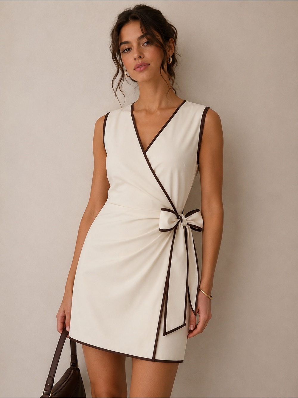 159 Linen-Blend Contrast Trim Wrap Dress